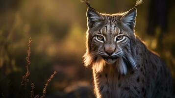 Nahansicht Aussicht von ein Erwachsene iberisch Luchs im ein Mittelmeer Eiche Wald. Welt am seltensten Tier. foto