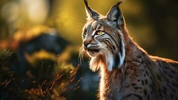 Nahansicht Aussicht von ein Erwachsene iberisch Luchs im ein Mittelmeer Eiche Wald. Welt am seltensten Tier. foto