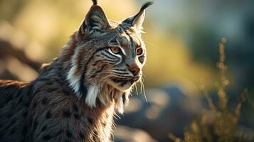 Nahansicht Aussicht von ein Erwachsene iberisch Luchs im ein Mittelmeer Eiche Wald. Welt am seltensten Tier. foto