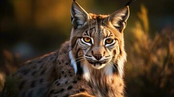 Nahansicht Aussicht von ein Erwachsene iberisch Luchs im ein Mittelmeer Eiche Wald. Welt am seltensten Tier. foto