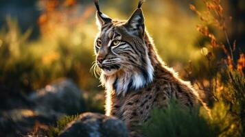 Nahansicht Aussicht von ein Erwachsene iberisch Luchs im ein Mittelmeer Eiche Wald. Welt am seltensten Tier. foto