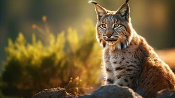 Nahansicht Aussicht von ein Erwachsene iberisch Luchs im ein Mittelmeer Eiche Wald. Welt am seltensten Tier. foto