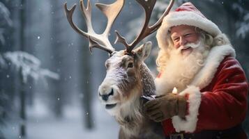 Santa claus ist in der Nähe von seine Rentier im das schneebedeckt Wald foto