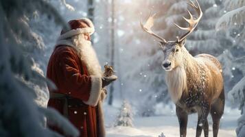 Santa claus ist in der Nähe von seine Rentier im das schneebedeckt Wald foto