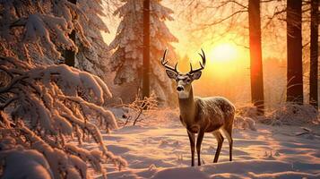 ein groß Hirsch steht auf ein kalt Winter Nacht im ein schneebedeckt Wald. beim Sonnenuntergang foto