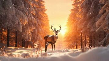 ein groß Hirsch steht auf ein kalt Winter Nacht im ein schneebedeckt Wald. beim Sonnenuntergang foto