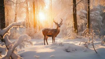 ein groß Hirsch steht auf ein kalt Winter Nacht im ein schneebedeckt Wald. beim Sonnenuntergang foto