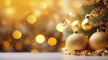 golden Weihnachten Ball von defokussiert Beleuchtung mit dekoriert Baum glücklich Neu Jahr 2024 Dort ist Raum zu eingeben Text. foto