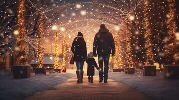 Familie, Eltern und Kinder im ein schön Winter Garten mit Weihnachten Beleuchtung auf das Bäume im das Abend foto