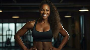 schwarz Frau Fitness, schön Afroamerikaner Frau mit lockig Haar im das Fitnessstudio afrikanisch Fitness Frau beim Gesundheit Verein foto