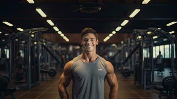 gut aussehend jung Mann mit stark Fitness Show aus Ihre 6 Pack Abs im das Fitnessstudio. foto