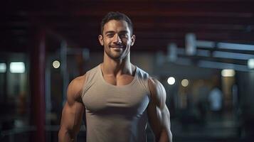 gut aussehend jung Mann mit stark Fitness Show aus Ihre 6 Pack Abs im das Fitnessstudio. foto