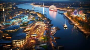 hoch Winkel Aussicht von Düsseldorf Festival Nacht Aussicht entlang das Fluss foto