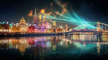 hoch Winkel Aussicht von Düsseldorf Festival Nacht Aussicht entlang das Fluss foto