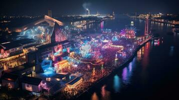 hoch Winkel Aussicht von Düsseldorf Festival Nacht Aussicht entlang das Fluss foto