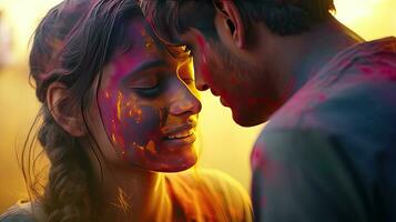 glücklich Paar setzt Farbe auf ihr Gesichter während holi Feier. indisch holi Festival foto