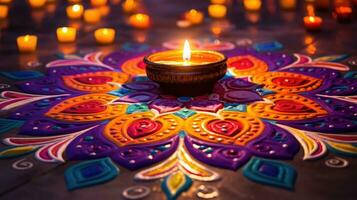 Öl Lampen zündete auf bunt Rangoli während Diwali Feier bunt Lehm Diya Lampen mit Blumen foto