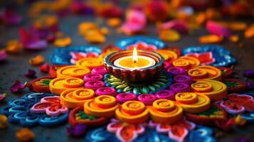 Öl Lampen zündete auf bunt Rangoli während Diwali Feier bunt Lehm Diya Lampen mit Blumen foto