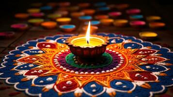 Öl Lampen zündete auf bunt Rangoli während Diwali Feier bunt Lehm Diya Lampen mit Blumen foto