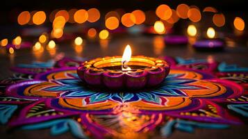 Öl Lampen zündete auf bunt Rangoli während Diwali Feier bunt Lehm Diya Lampen mit Blumen foto