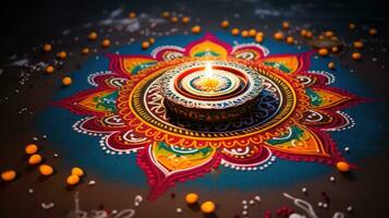 Öl Lampen zündete auf bunt Rangoli während Diwali Feier bunt Lehm Diya Lampen mit Blumen foto