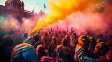 Menschen feiern bunt holi Festival im Indien, jährlich Tourismus Farben, Indien foto