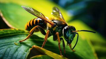 Makro Schuss von ein Biene Auge auf ein Grün Blatt. foto