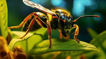 Makro Schuss von ein Biene Auge auf ein Grün Blatt. foto