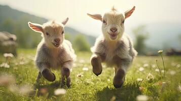 zwei Baby Ziegen spielen im das Grün Feld foto