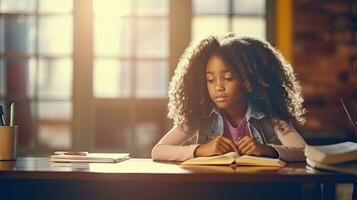schwarz weiblich elementar Schule Schüler Sitzung allein im das Klassenzimmer Denken Über Hausaufgaben. Dort ist ein Buch auf das Tabelle foto