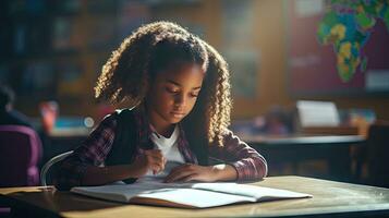 schwarz weiblich elementar Schule Schüler Sitzung allein im das Klassenzimmer Denken Über Hausaufgaben. Dort ist ein Buch auf das Tabelle foto