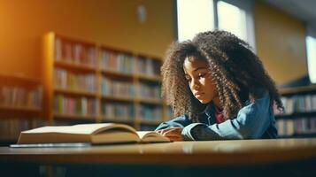 schwarz weiblich elementar Schule Schüler Sitzung allein im das Klassenzimmer Denken Über Hausaufgaben. Dort ist ein Buch auf das Tabelle foto