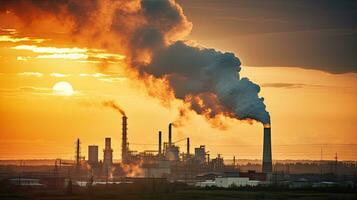 chemisch Fabrik mit Schornstein Rauch von Fabrik Rohre beim Sonnenuntergang, ökologisch Probleme und Luft Verschmutzung foto