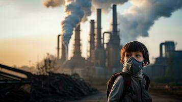 Kinder tragen Masken zu verhindern Luft Verschmutzung hinter ist das Fabrik Schornstein. foto