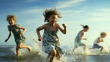 ein Gruppe von Kinder wurden haben Spaß spielen im das Meer. foto