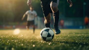 Nahansicht von ein Fachmann Fußball Spieler Dribbling das Ball auf das spielen Feld. foto