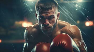 Nahansicht von ein Fachmann Boxer Kampf im ein Boxen Ring. foto