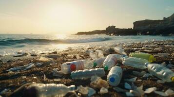 Müll auf das Kante von ein leeren und schmutzig Plastik Flasche groß Stadt Strand Umwelt Verschmutzung ökologisch Probleme foto