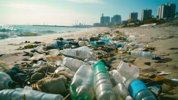 Müll auf das Kante von ein leeren und schmutzig Plastik Flasche groß Stadt Strand Umwelt Verschmutzung ökologisch Probleme foto