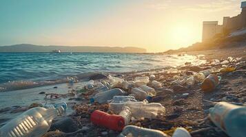 Müll auf das Kante von ein leeren und schmutzig Plastik Flasche groß Stadt Strand Umwelt Verschmutzung ökologisch Probleme foto