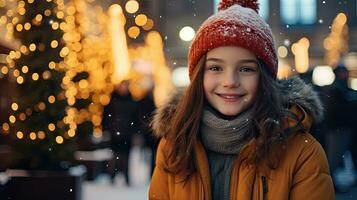 ein süß jung Mädchen steht und lächelt suchen beim das Kamera. bleibe auf Weihnachten Straße zu aussehen beim das schneebedeckt Weihnachten Baum. foto