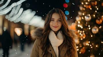 ein süß jung Mädchen steht und lächelt suchen beim das Kamera. bleibe auf Weihnachten Straße zu aussehen beim das schneebedeckt Weihnachten Baum. foto