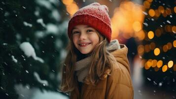 ein süß jung Mädchen steht und lächelt suchen beim das Kamera. bleibe auf Weihnachten Straße zu aussehen beim das schneebedeckt Weihnachten Baum. foto