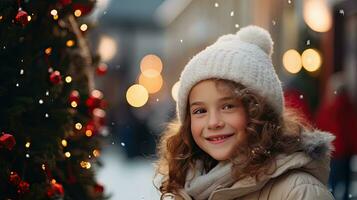 ein süß jung Mädchen steht und lächelt suchen beim das Kamera. bleibe auf Weihnachten Straße zu aussehen beim das schneebedeckt Weihnachten Baum. foto