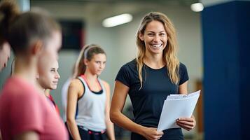 weiblich physisch Bildung Lehrer hält ein lächelnd Fitnessstudio Mappe hinter ihr zum Studenten zu Übung. foto