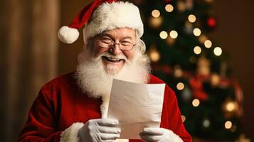 Santa claus hält ein Botschaft von Glück suchen beim das Kamera, lächelnd glücklich foto