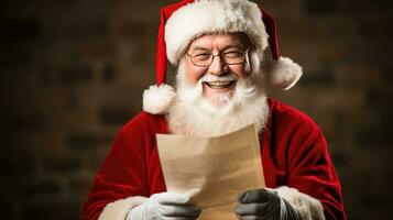 Santa claus hält ein Botschaft von Glück suchen beim das Kamera, lächelnd glücklich foto