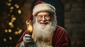 Santa claus hält ein Botschaft von Glück suchen beim das Kamera, lächelnd glücklich foto