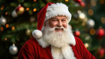 Santa claus hält ein Botschaft von Glück suchen beim das Kamera, lächelnd glücklich foto