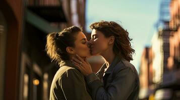 Lesben Paar küssen während ein romantisch Datum beim Sonnenuntergang auf das Straßen von Madrid foto